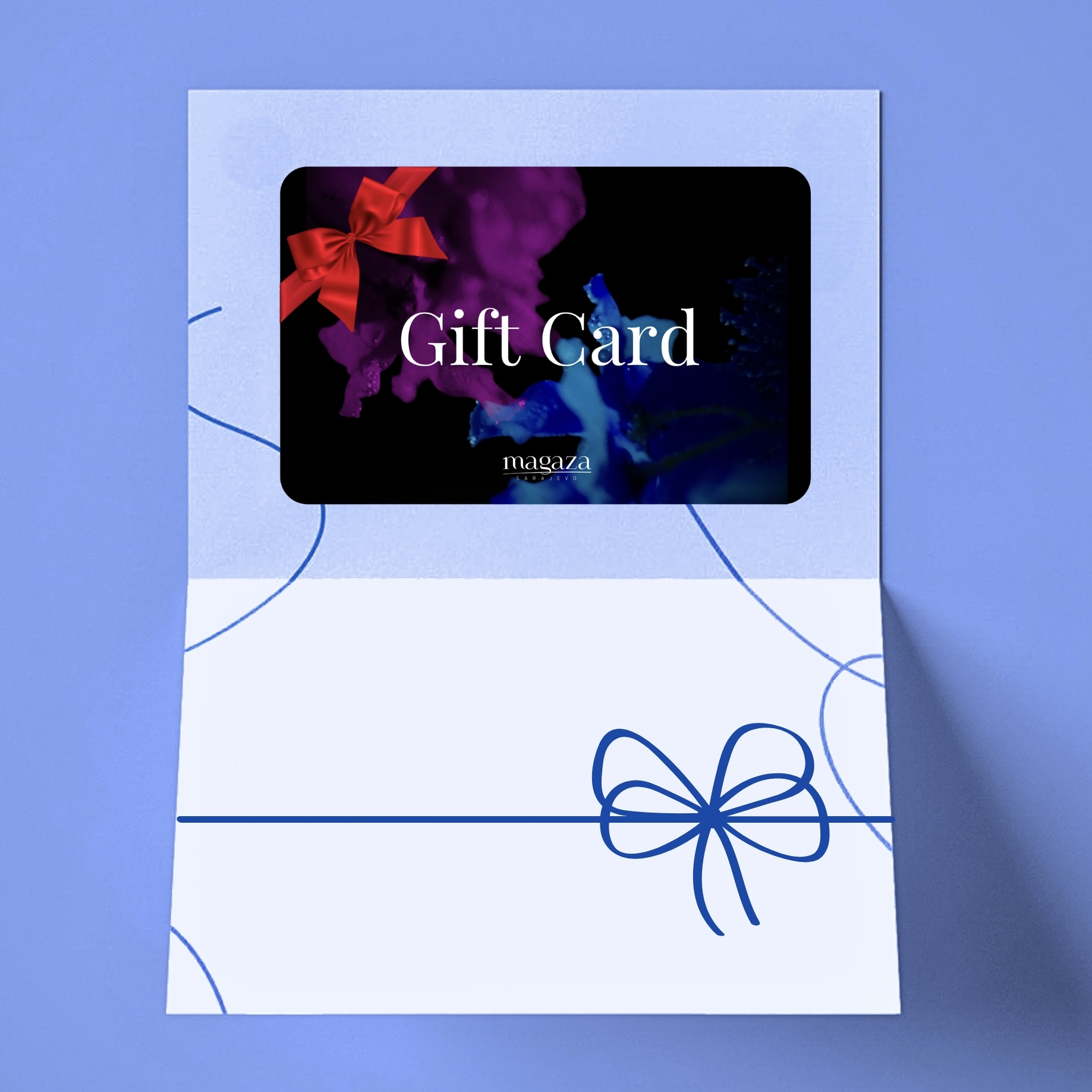 Magaza eGift card/digitalni poklon bon s crvenom mašnom i dizajnom stiha 'Uvijek si bila posebna' (flower artwork), ideja za poklon na bijeloj pozadini