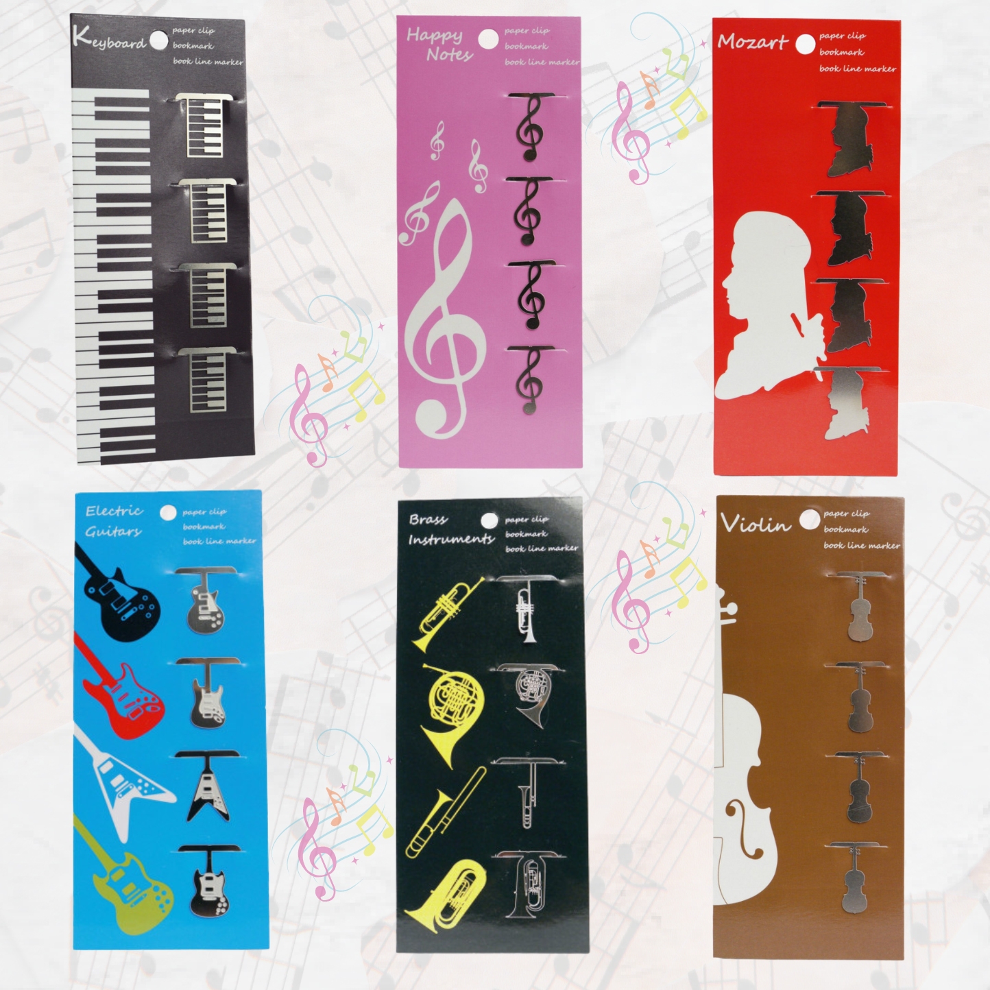 Magaza muzička kolekcija, spajalice (bookmarks) električna gitara, klavirske tipke, violinski ključ, violina, Mozart, duvački instrumenti