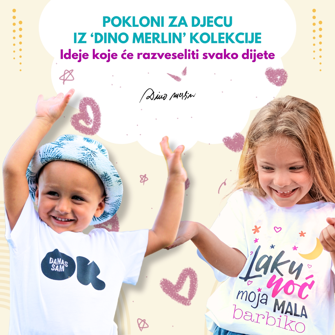 Pokloni za djecu iz 'Dino Merlin' kolekcije, curica u t-shirt (majici) bijele boje 'Laku noć, moja mala barbiko' i dječak u bijeloj majici 'Danas sam OK'