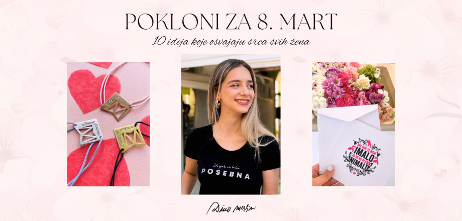 Dino Merlin kolekcija poklona za 8. mart, Dan žena, narukvica od srebra, ženska majica, čestitka na roze pozadini