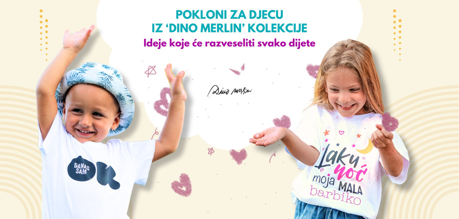 Pokloni za djecu iz 'Dino Merlin' kolekcije, curica u t-shirt (majici) bijele boje 'Laku noć, moja mala barbiko' i dječak u bijeloj majici 'Danas sam OK'