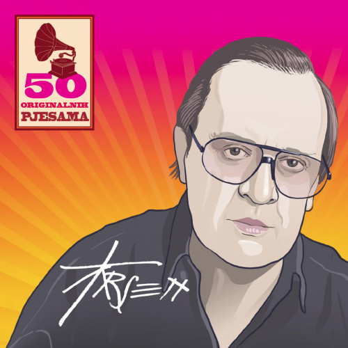 Omot trostrukog CD-a Arsena Dedića s umjetnikom na rozo-žutoj pozadini. 