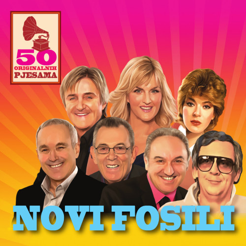 Portreti članova benda Novi fosili na rozo-žutoj pozadini.