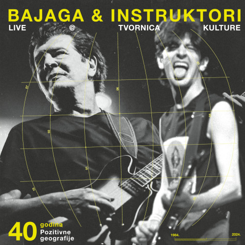 Omot CD-a Bajaga & Instruktori 40 godina Pozitivne geografije (Live@Tvornica) s dva izvođača koji drže gitaru u rukama na sivoj pozadini.