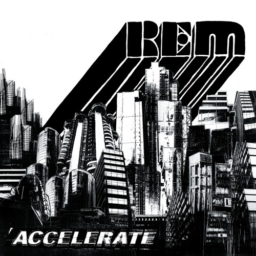 Omot CD-a Accelerate – R.E.M. (2008) s apstraktnim dizajnom na crno - bijeloj pozadini.