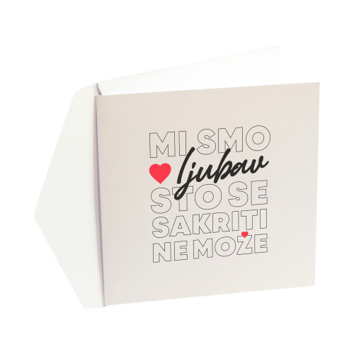 Bijela čestitka (razglednica) sa bijelom kovertom, dizajn inspirisan stihom "Mi smo ljubav što se sakriti ne može" novog singla Dine Merlina "Mi".