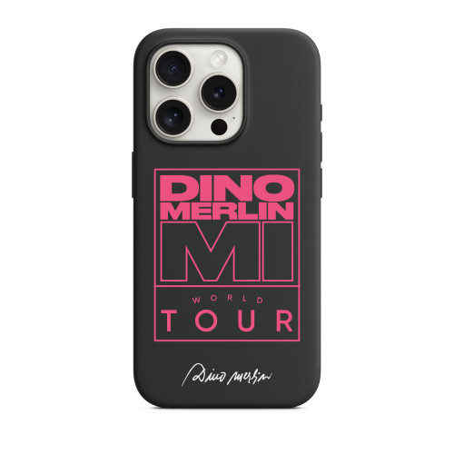 Crna i prozirna maska za telefon sa natpisom Dino Merlin - Mi - World Tour u pink boji sa originalnim potpisom Dine Merlina na bijeloj pozadini.