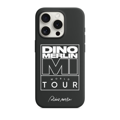 Crna i prozirna maska za telefon sa natpisom Dino Merlin - Mi - World Tour sa originalnim potpisom Dine Merlina na bijeloj pozadini.