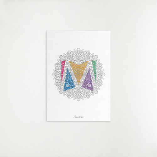 Dekorativni poster "Mi" (ornament), dizajn inspirisan stihom "Mi smo ljubav što se sakriti ne može" iz single-a Dine Merlina "Mi" sa originalnim potpisom "Dino Merlin" na bijeloj pozadini.