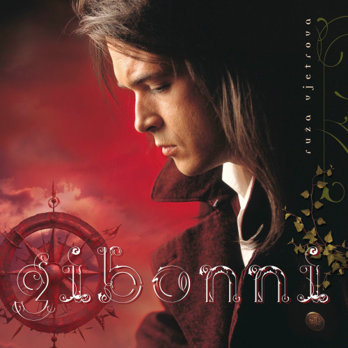 Omot vinila Gibonnija „Ruža vjetrova“ s umjetnikom na crveno - crnoj pozadini.