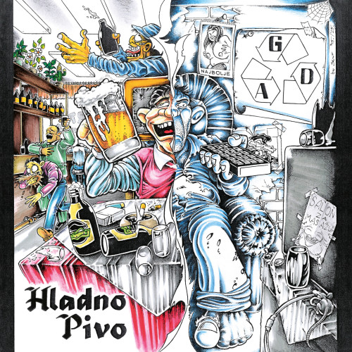 Omot albuma G.A.D. prikazuje satiričnu ilustraciju podijeljenu između kafanskog haosa i sive svakodnevice, u prepoznatljivom punk stilu Hladnog piva.