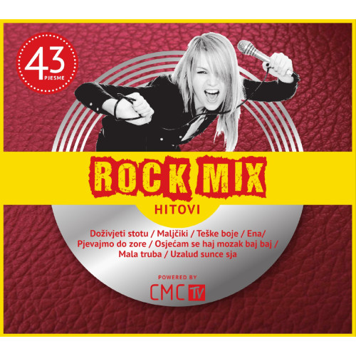  Omot kompilacije Rock Mix Hitova prikazuje crno-bijelu sliku djevojke sa mikrofonom i ispisane nazive raznih pjesama izvođača koji učestvuju na kompilaciji.