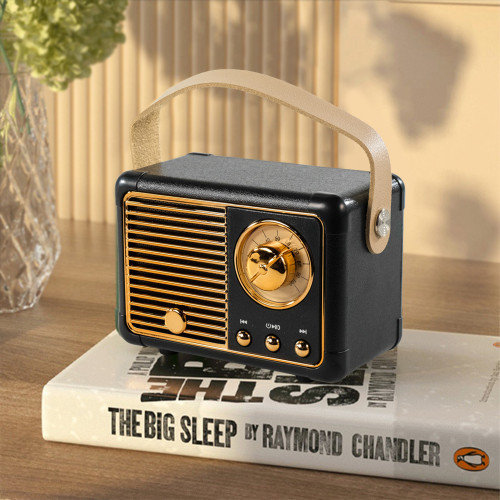 Crni bežični mini radio u pastelno crnoj boji, koja je stavljena na knjigu na bež pozadini.